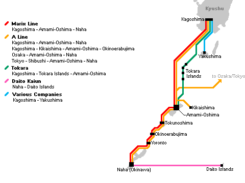 Okinawa and Kagoshima Ferry Route Map